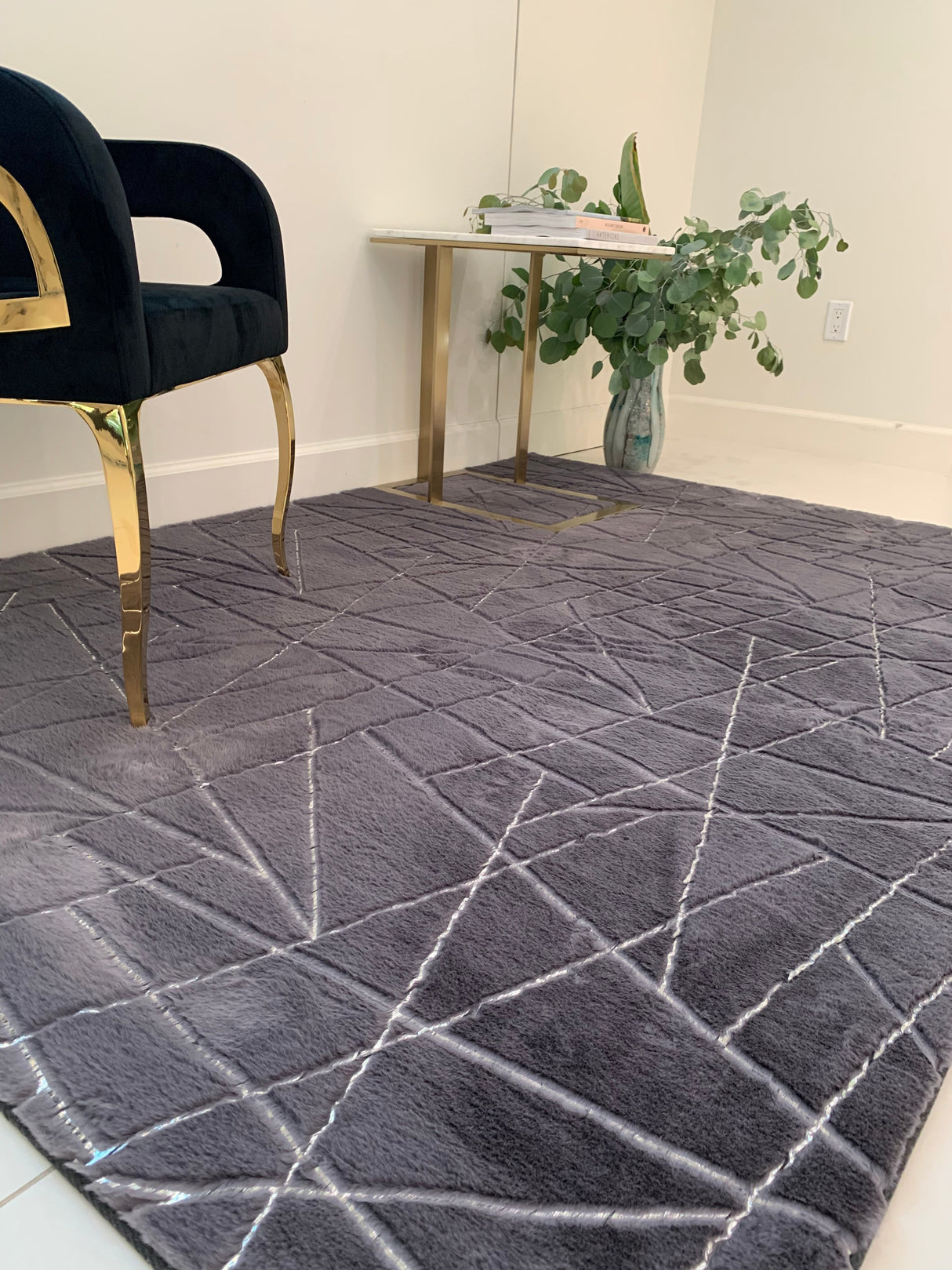 Charcoal Lines Faux Rabbit Touch Rug - Polyester Fabric, Charcoal Lines With Silver Metallic Shimmery Design, 5' X 7' (1 Unit)