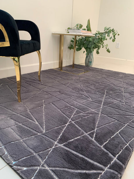 Charcoal Lines Faux Rabbit Touch Rug - Polyester Fabric, Charcoal Lines With Silver Metallic Shimmery Design, 5' X 7' (1 Unit)