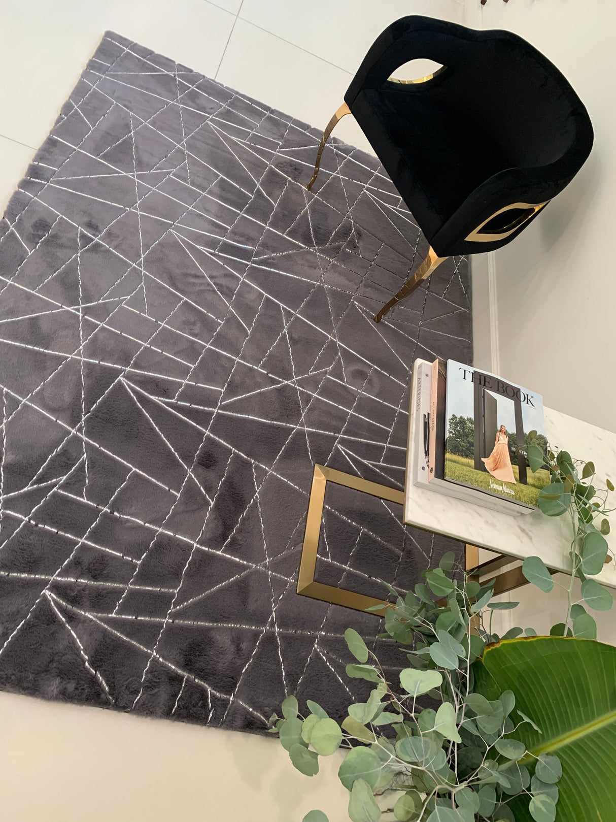 Charcoal Lines Faux Rabbit Touch Rug - Polyester Fabric, Charcoal Lines With Silver Metallic Shimmery Design, 5' X 7' (1 Unit)
