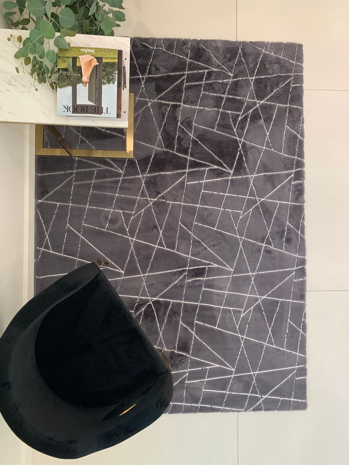 Charcoal Lines Faux Rabbit Touch Rug - Polyester Fabric, Charcoal Lines With Silver Metallic Shimmery Design, 5' X 7' (1 Unit)