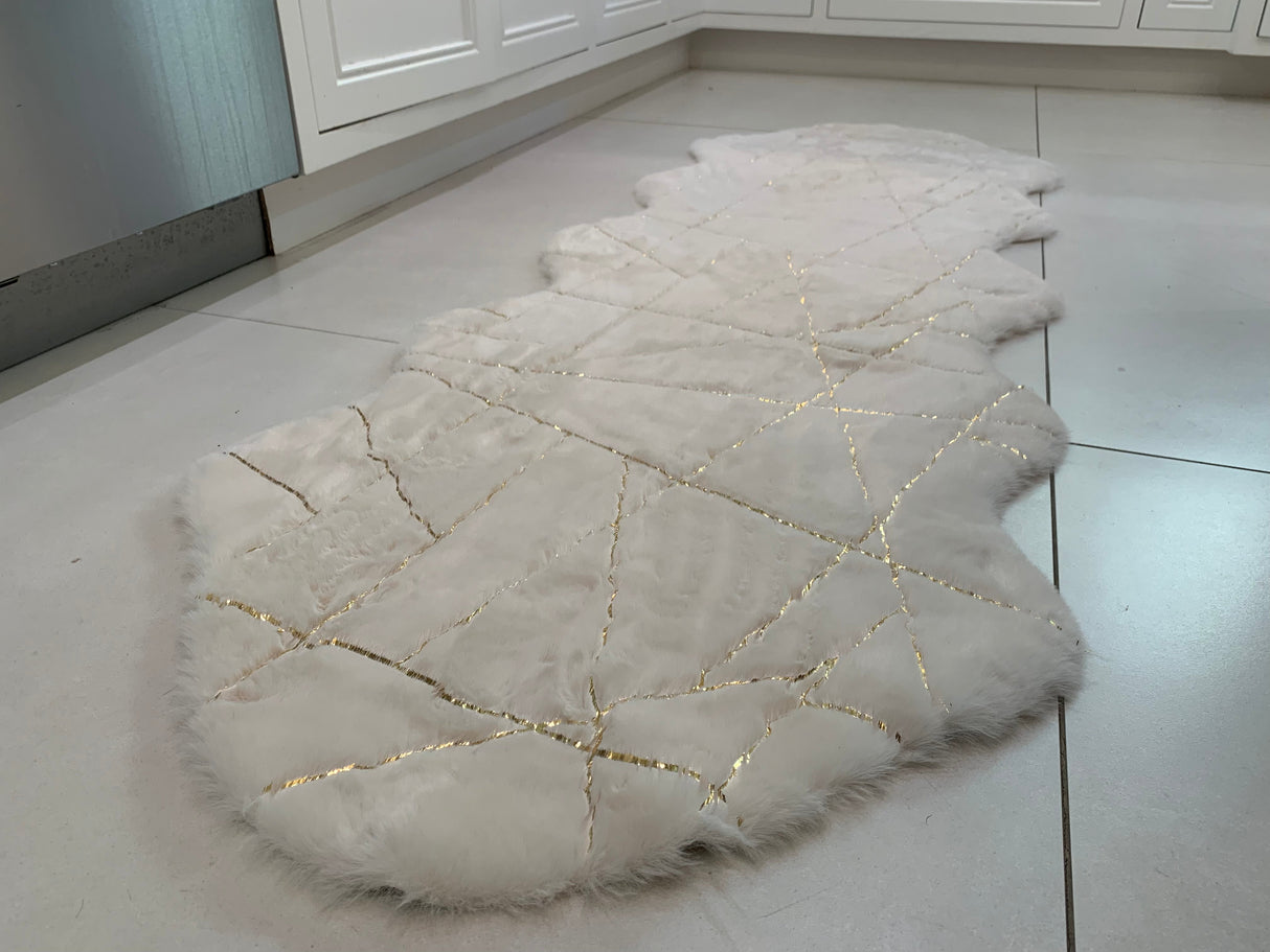 White With Golden Metallic Lines Faux Rabbit Touch Rug - White Lines, Faux Fur Rug (7'6" X 10'3")