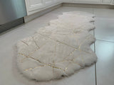 White With Golden Metallic Lines Faux Rabbit Touch Rug - White Lines, Faux Fur Rug (7'6" X 10'3")
