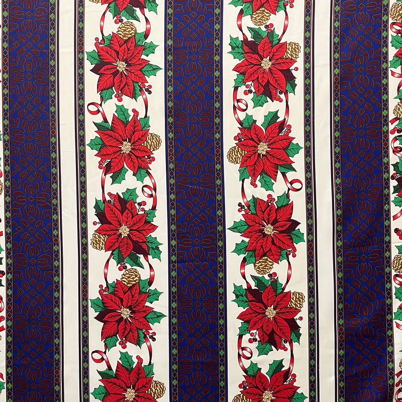 Midnight Poinsettia Stripes Polyester Fabric - Crimson Poinsettias, Pinecones, Navy Blue Panels, 59" Width (1 Yard)
