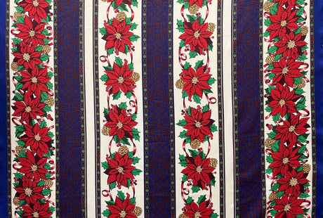 Midnight Poinsettia Stripes Polyester Fabric - Crimson Poinsettias, Pinecones, Navy Blue Panels, 59" Width (1 Yard)