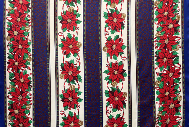 Midnight Poinsettia Stripes Polyester Fabric - Crimson Poinsettias, Pinecones, Navy Blue Panels, 59" Width (1 Yard)