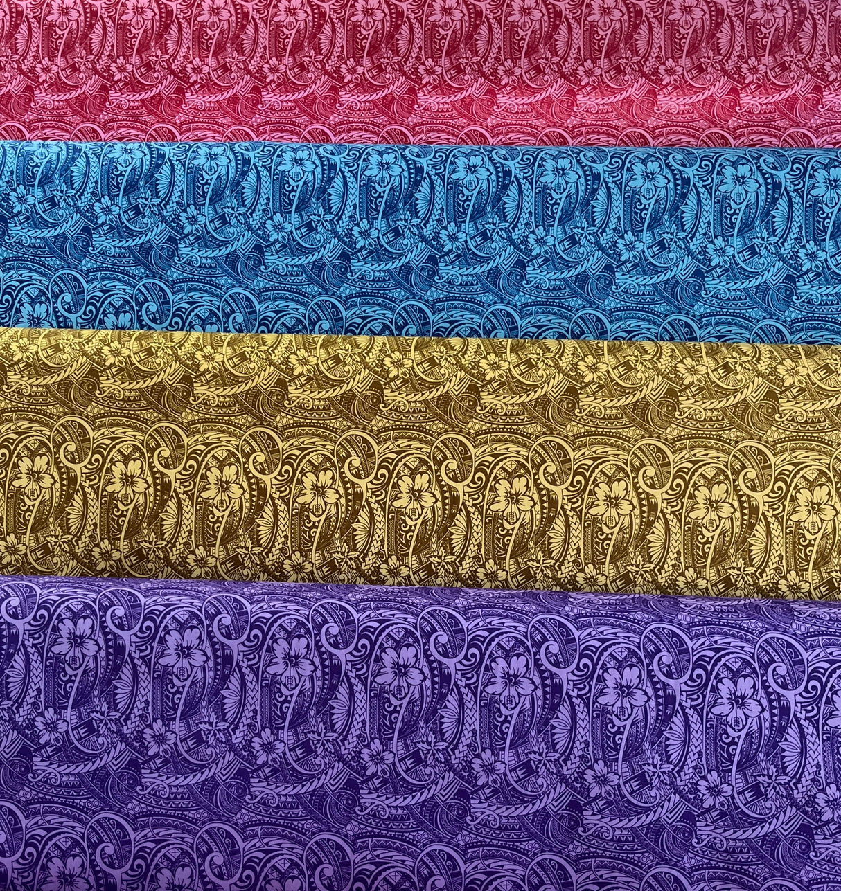 Mini Hibiscus Flowers Traditional Polynesian Tattoo Polyester Fabric - Blue, Tan, Purple, Pink, 60" Width (1 Yard)