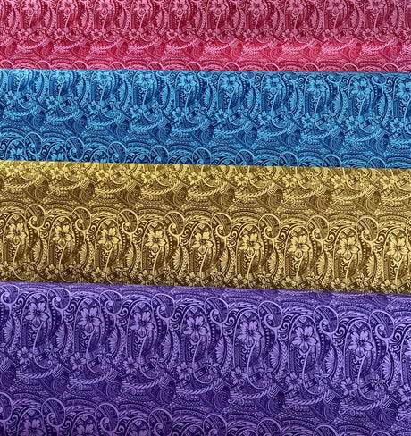 Mini Hibiscus Flowers Traditional Polynesian Tattoo Polyester Fabric - Blue, Tan, Purple, Pink, 60" Width (1 Yard)