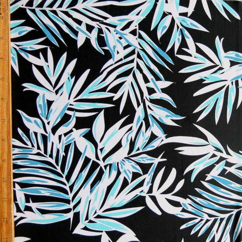 Swim Knit Nylon Spandex Mint and Aqua Green Foliage on Black