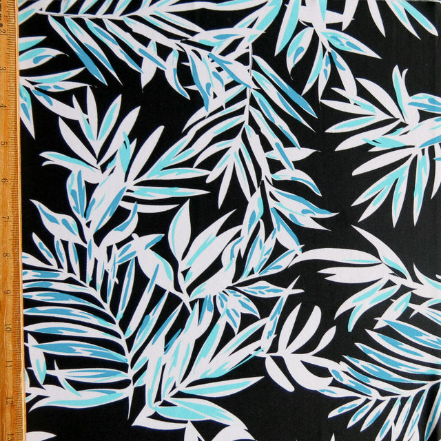 Swim Knit Nylon Spandex Mint and Aqua Green Foliage on Black