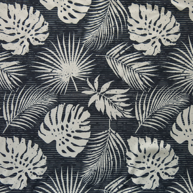 Stretch Woven Boardshort Fabric Mint Hawaiian Foliage on Charcoal