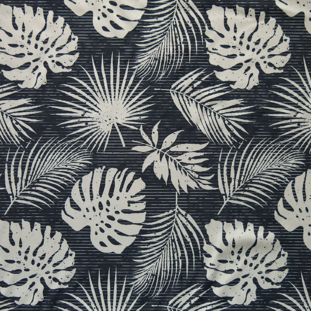 Stretch Woven Boardshort Fabric Mint Hawaiian Foliage on Charcoal