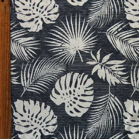 Stretch Woven Boardshort Fabric Mint Hawaiian Foliage on Charcoal