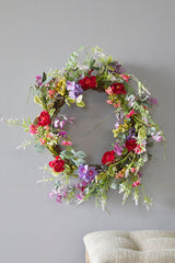 24 Inch Mixed Flower Wreath Red Purple and Green Decorative Spring Summer Floral Door Wall Wreath