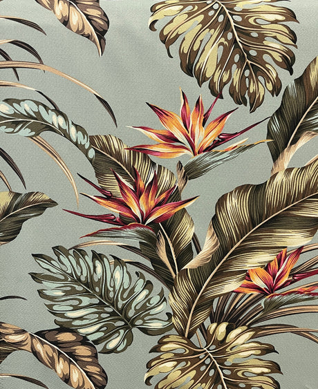 Monstera Banana Leaves Birds Of Paradise Cotton Fabric - Black, Sage, Beige Tropical Botanical Print, 56-58" Width (1 Yard)