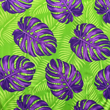 Monstera Dypsis Lutescens Leaves Peachskin Fabric - Purple And Green, 45" Width (1 Yard)