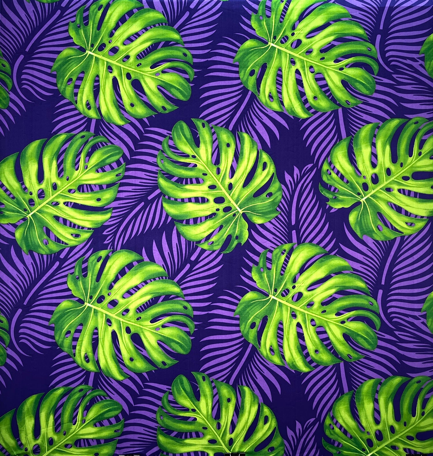Monstera Dypsis Lutescens Leaves Peachskin Fabric - Purple And Green, 45" Width (1 Yard)