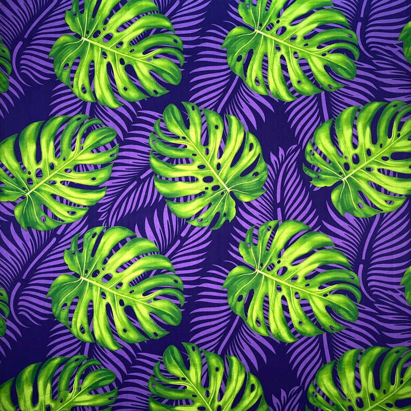 Monstera Dypsis Lutescens Leaves Peachskin Fabric - Purple And Green, 45" Width (1 Yard)