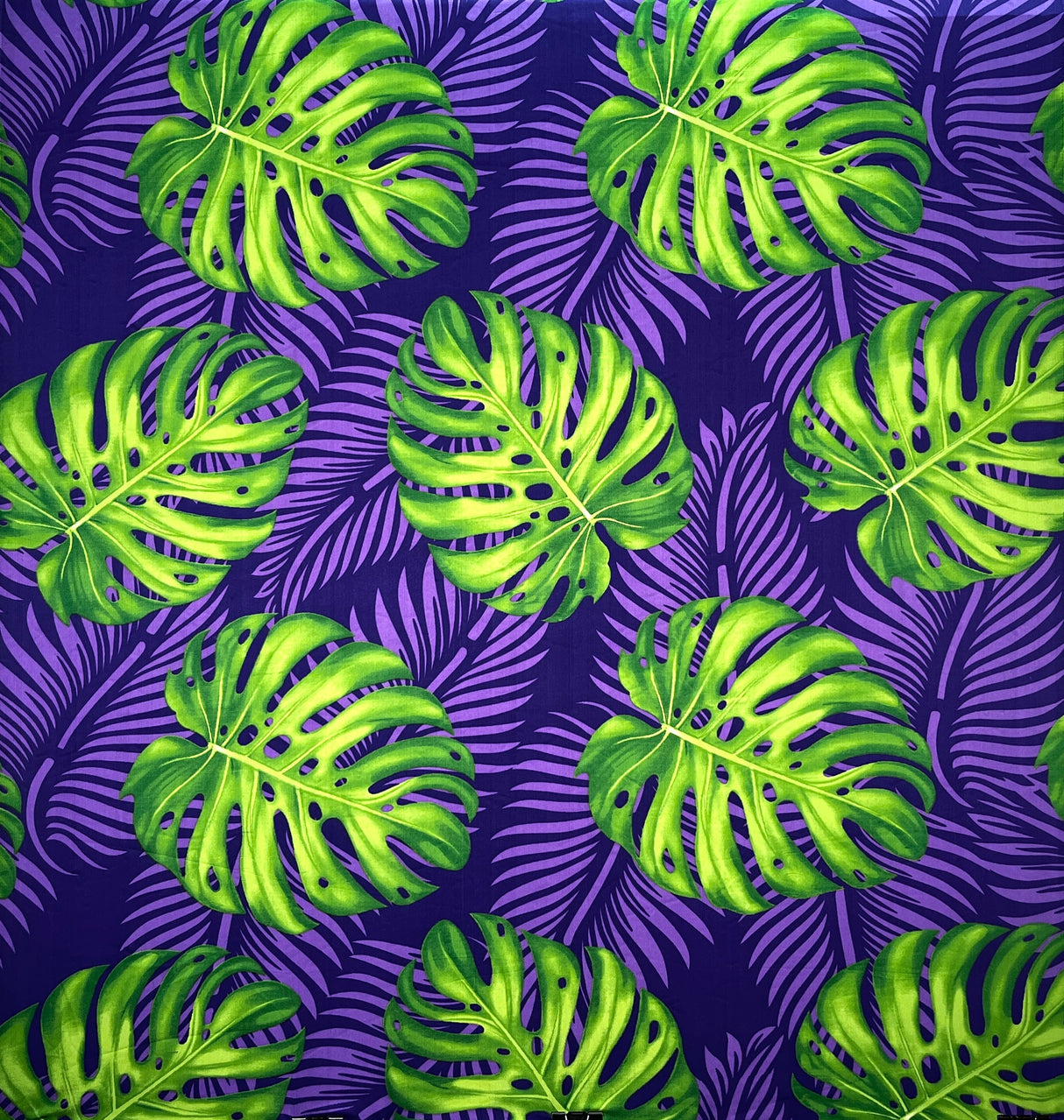 Monstera Dypsis Lutescens Leaves Peachskin Fabric - Purple And Green, 45" Width (1 Yard)