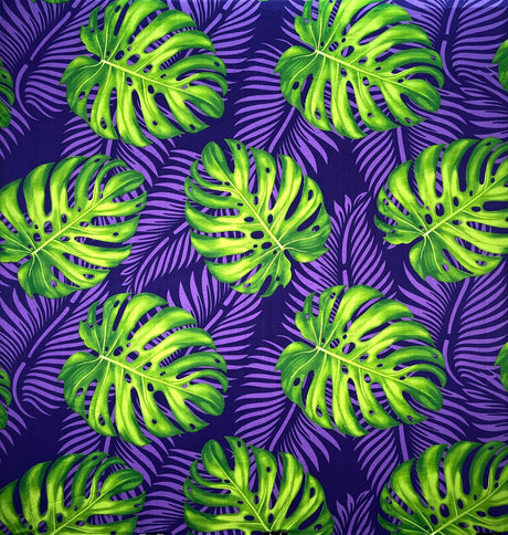 Monstera Dypsis Lutescens Leaves Peachskin Fabric - Purple And Green, 45" Width (1 Yard)