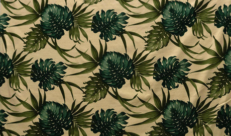 Monstera Leaf Dypsis Lutescens Cotton Fabric - Light And Dark Green Tropical Leaf Print, Sand Beige Background, 36" X 57" (1 Yard)