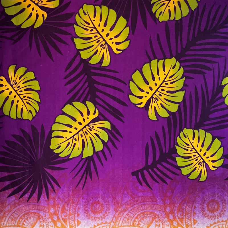 Monstera Palm Leaves Traditional Tattoo Border Light Barkcloth Fabric - Magenta, Jade, Purple, 45" Width (1 Yard)