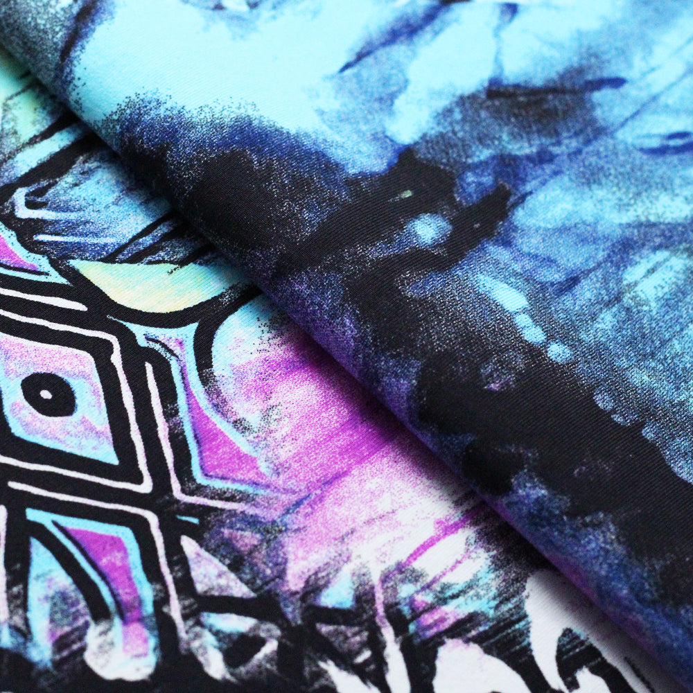 Eastern Lights Nylon Spandex Fabric - Purple Geometric Abstract Print On Watercolor Blue, 58/60" Width (1 Yard)