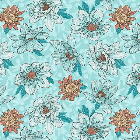 Cotton Floral Toss Fabric Aqua Dahlias at Dusk 44/45"