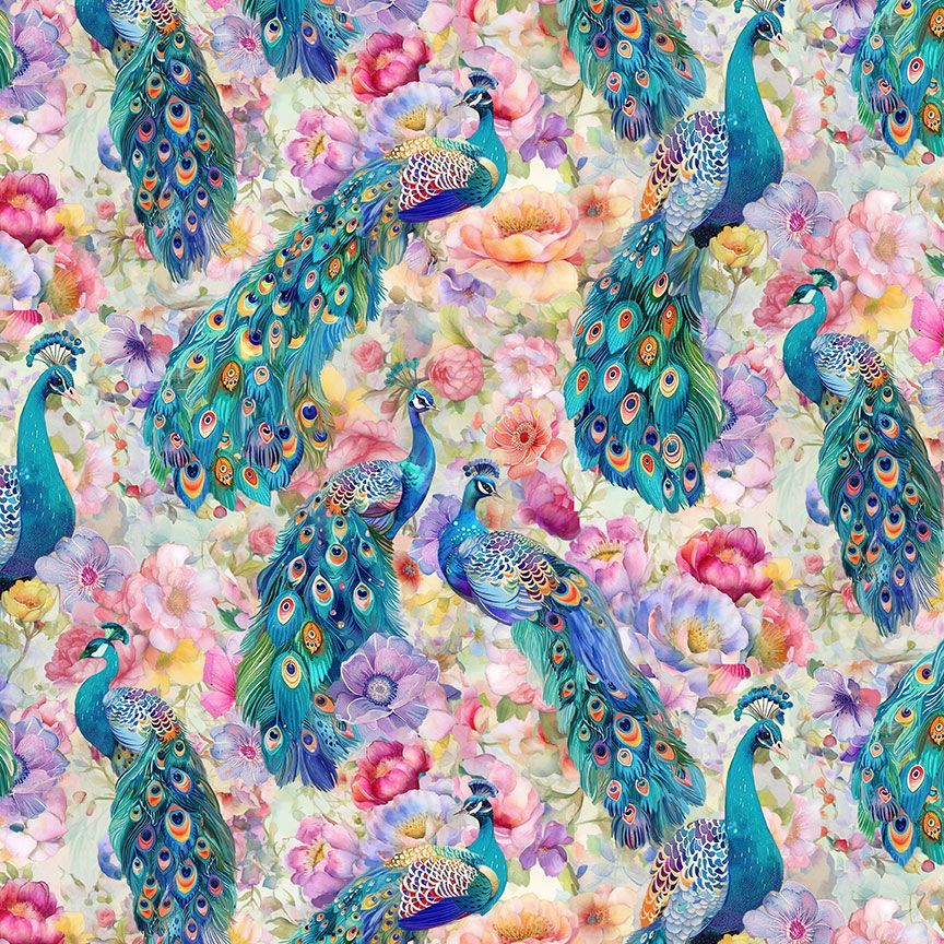 Cotton Print Multi Peacocks Floral Wild Beauty 44/45" Fabric