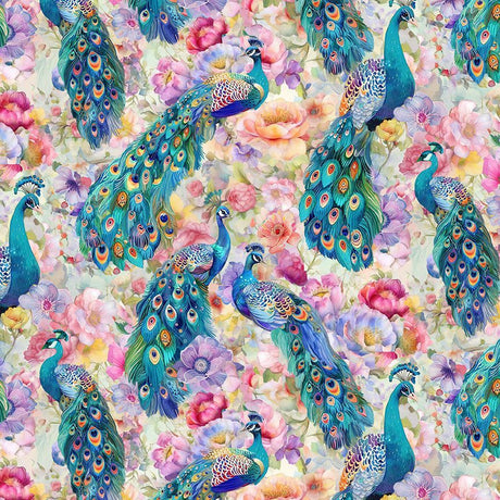 Cotton Print Multi Peacocks Floral Wild Beauty 44/45" Fabric