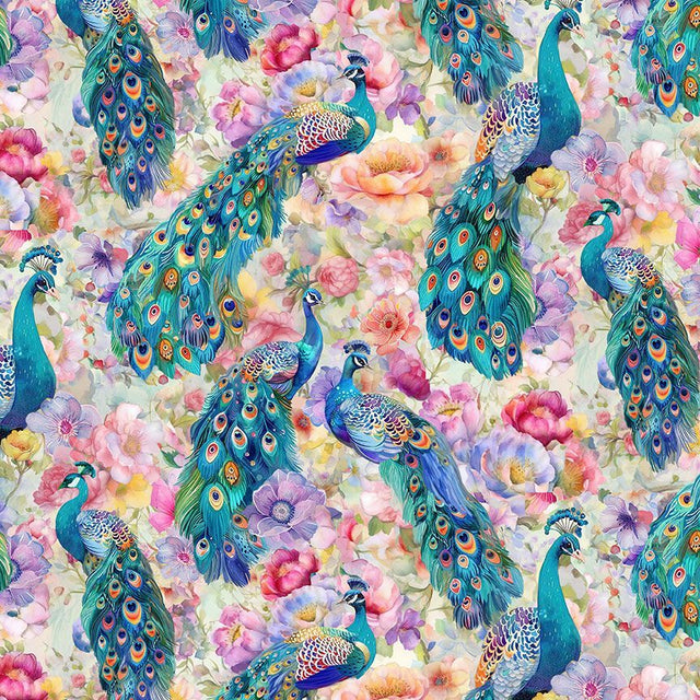 Cotton Print Multi Peacocks Floral Wild Beauty 44/45" Fabric