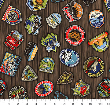 Cotton Fabric Multi Plethora of Patches Camping Therapy 44/45"