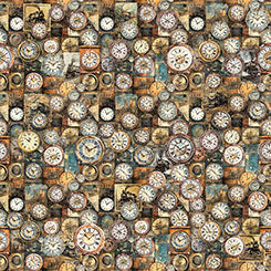 Cotton Print Multi Steam & Steel Clocks Fabric 44/45