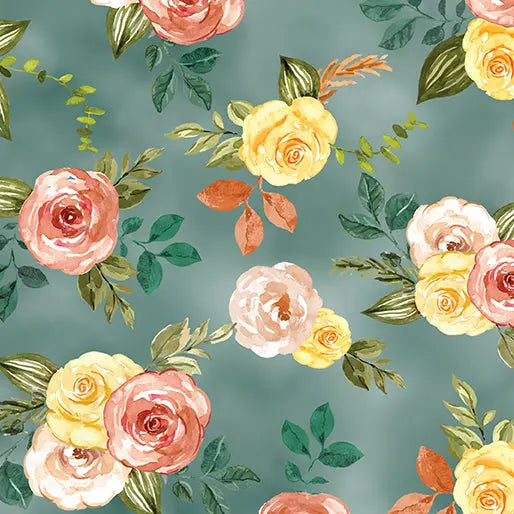 Cotton Floral Fabric Multi Teal Gone Country 44/45"