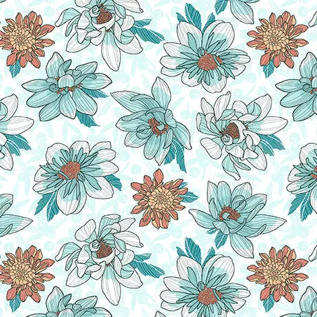 Cotton Floral Toss Fabric White Dahlias at Dusk 44/45" Multi