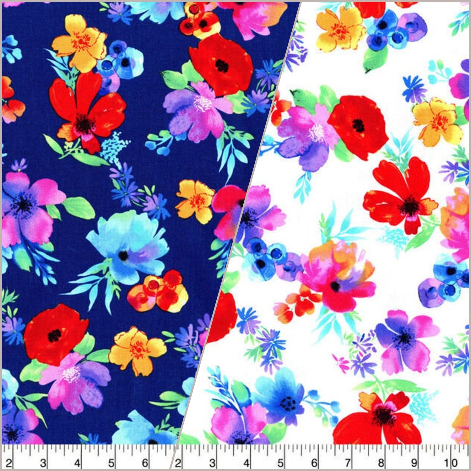 Quilting Cotton Multi Floral Blue Dark and White
