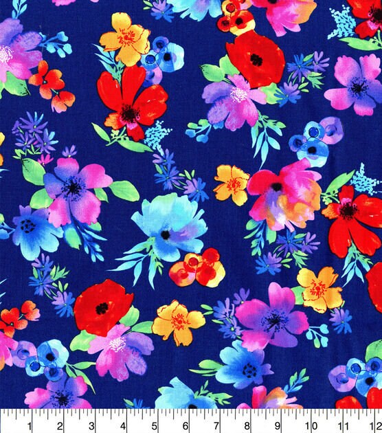 Quilting Cotton Multi Floral Blue Dark and White