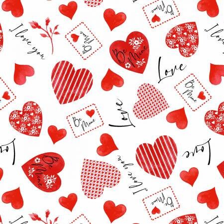 Quilting Cotton Multi Tossed Envelopes and Hearts Henry Glass