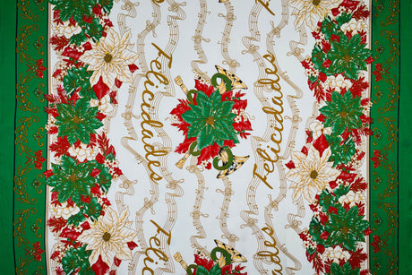 Musical Poinsettia Celebration Polyester Fabric - Red And Green Poinsettia Print, 58" Width (1 Yard)