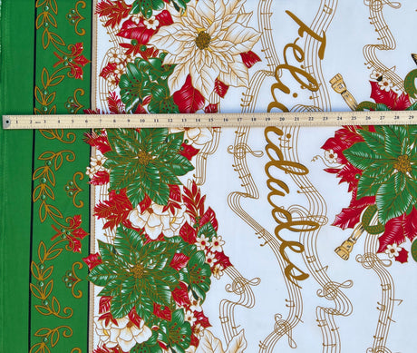 Musical Poinsettia Celebration Polyester Fabric - Red And Green Poinsettia Print, 58" Width (1 Yard)