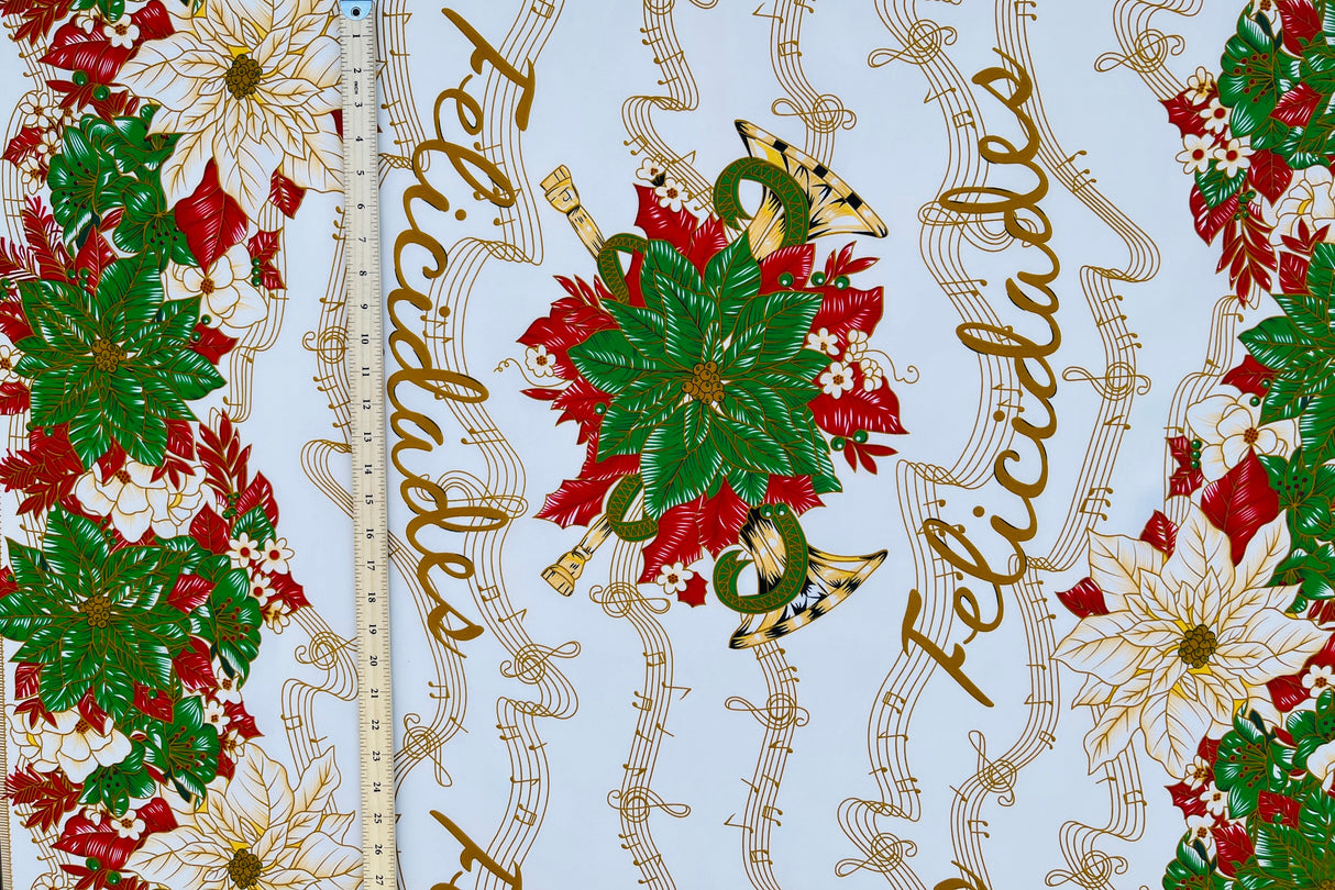 Musical Poinsettia Celebration Polyester Fabric - Red And Green Poinsettia Print, 58" Width (1 Yard)