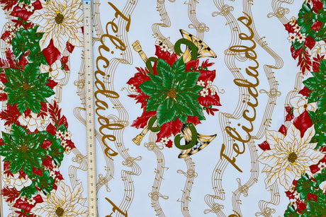 Musical Poinsettia Celebration Polyester Fabric - Red And Green Poinsettia Print, 58" Width (1 Yard)