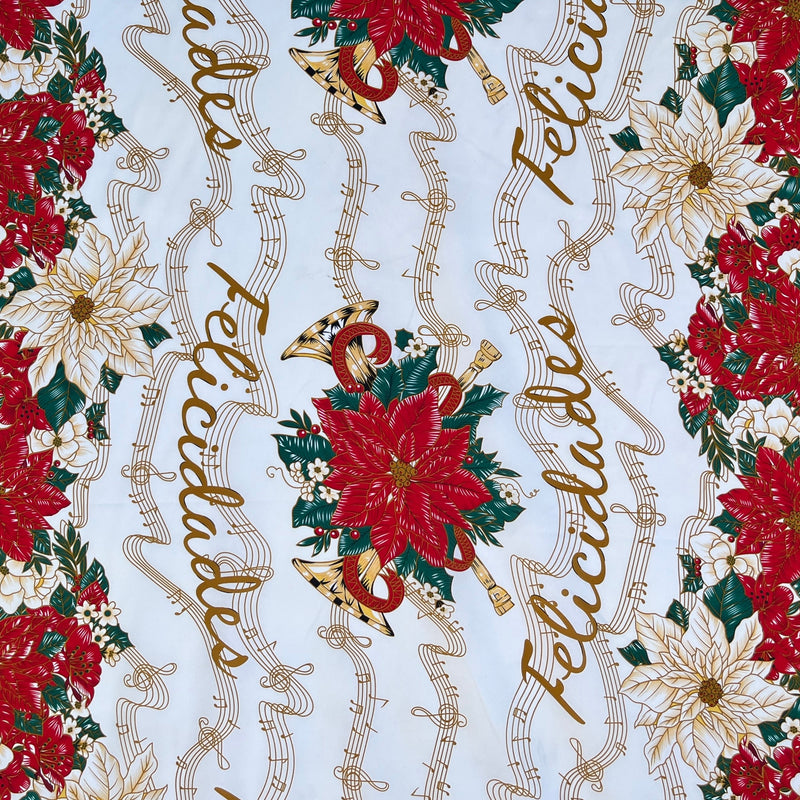 Musical Poinsettia Celebration Polyester Fabric - Red And Green Poinsettia Print, 58" Width (1 Yard)