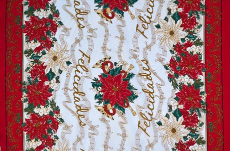 Musical Poinsettia Celebration Polyester Fabric - Red And Green Poinsettia Print, 58" Width (1 Yard)