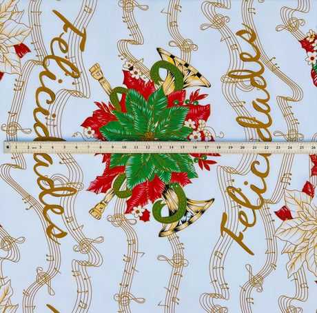 Musical Poinsettia Celebration Polyester Fabric - Red And Green Poinsettia Print, 58" Width (1 Yard)