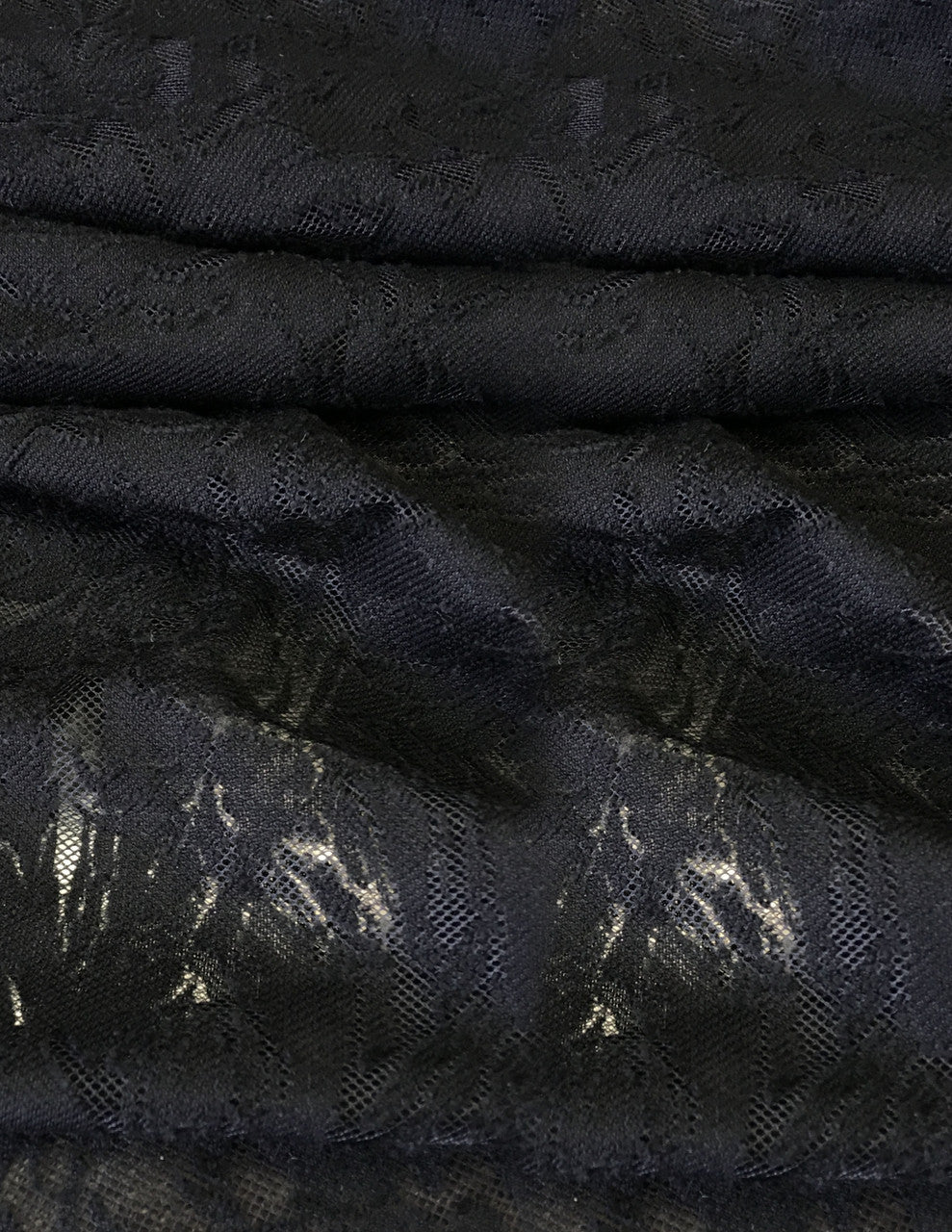 Polyester Floral Lace Fabric - Textured Floral Design, White, Black