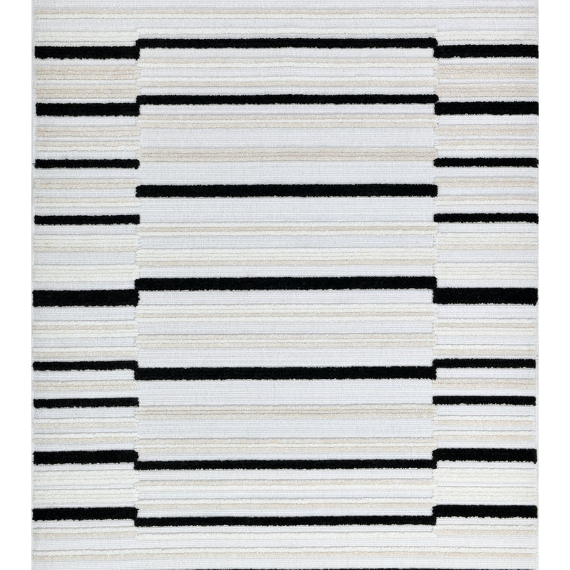 TIA 102 Microfiber Chenille Area Rug Fabric - Soft Cream, Black/Neutral Striped Bohemian Motif, High-Low 3D Detail (1 Rug)