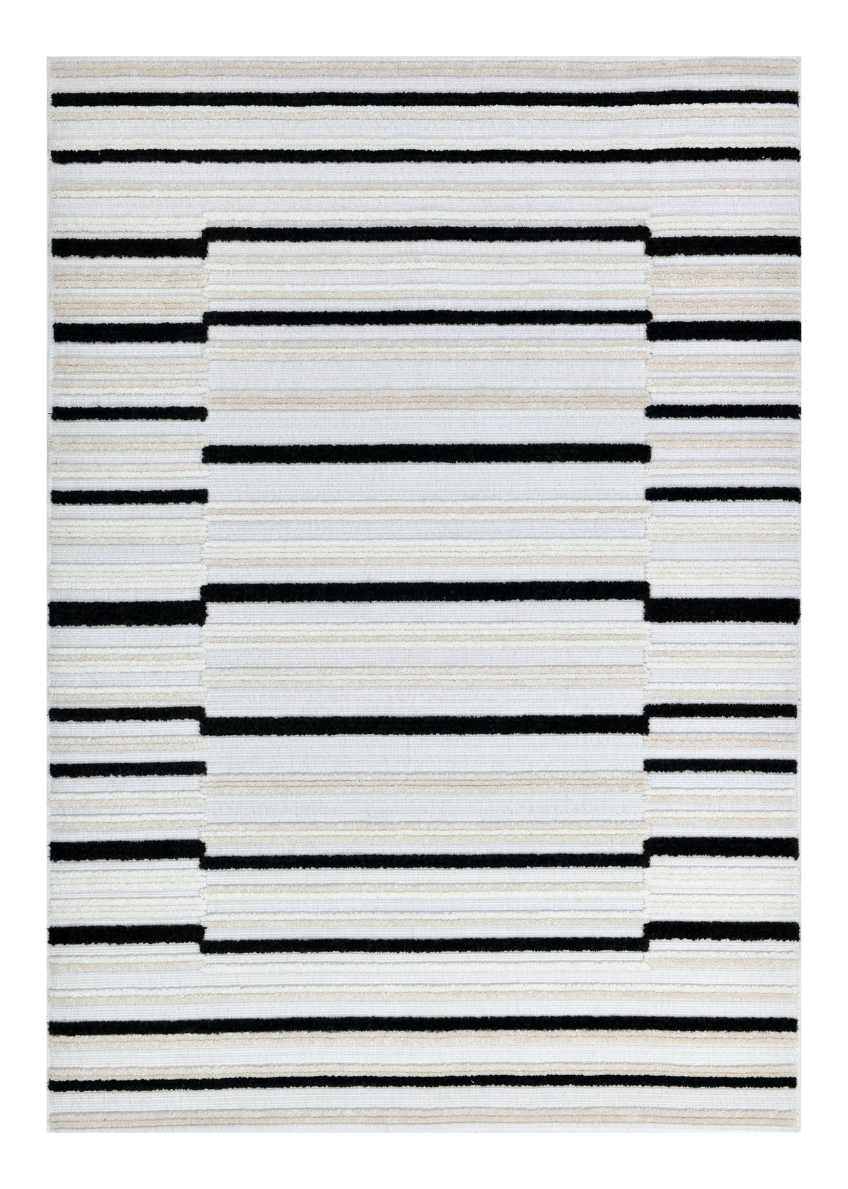 TIA 102 Microfiber Chenille Area Rug Fabric - Soft Cream, Black/Neutral Striped Bohemian Motif, High-Low 3D Detail (1 Rug)