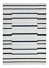 TIA 102 Microfiber Chenille Area Rug Fabric - Soft Cream, Black/Neutral Striped Bohemian Motif, High-Low 3D Detail (1 Rug)