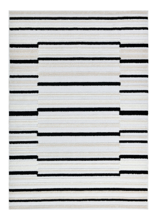 TIA 102 Microfiber Chenille Area Rug Fabric - Soft Cream, Black/Neutral Striped Bohemian Motif, High-Low 3D Detail (1 Rug)