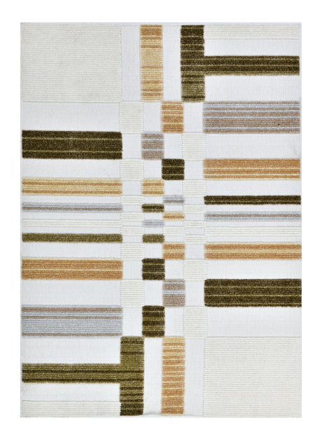 TIA 103 Microfiber Chenille Area Rug - Cream Boho High-Low Texture, Mustard Green Beige (5' 3" X 7' 6" / 1 Rug)